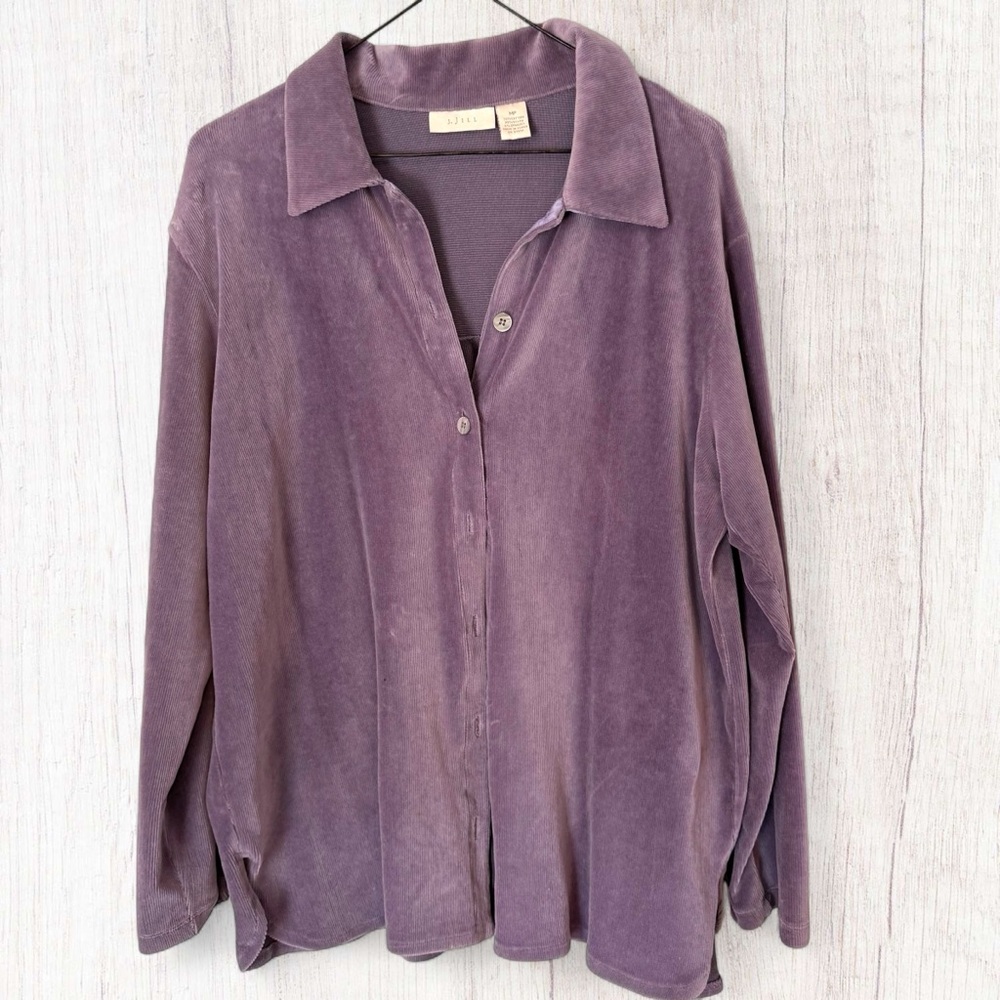 J.Jill Soft Corduroy Velvet Button Down Purple Collared Long Sleeve Petite Med.